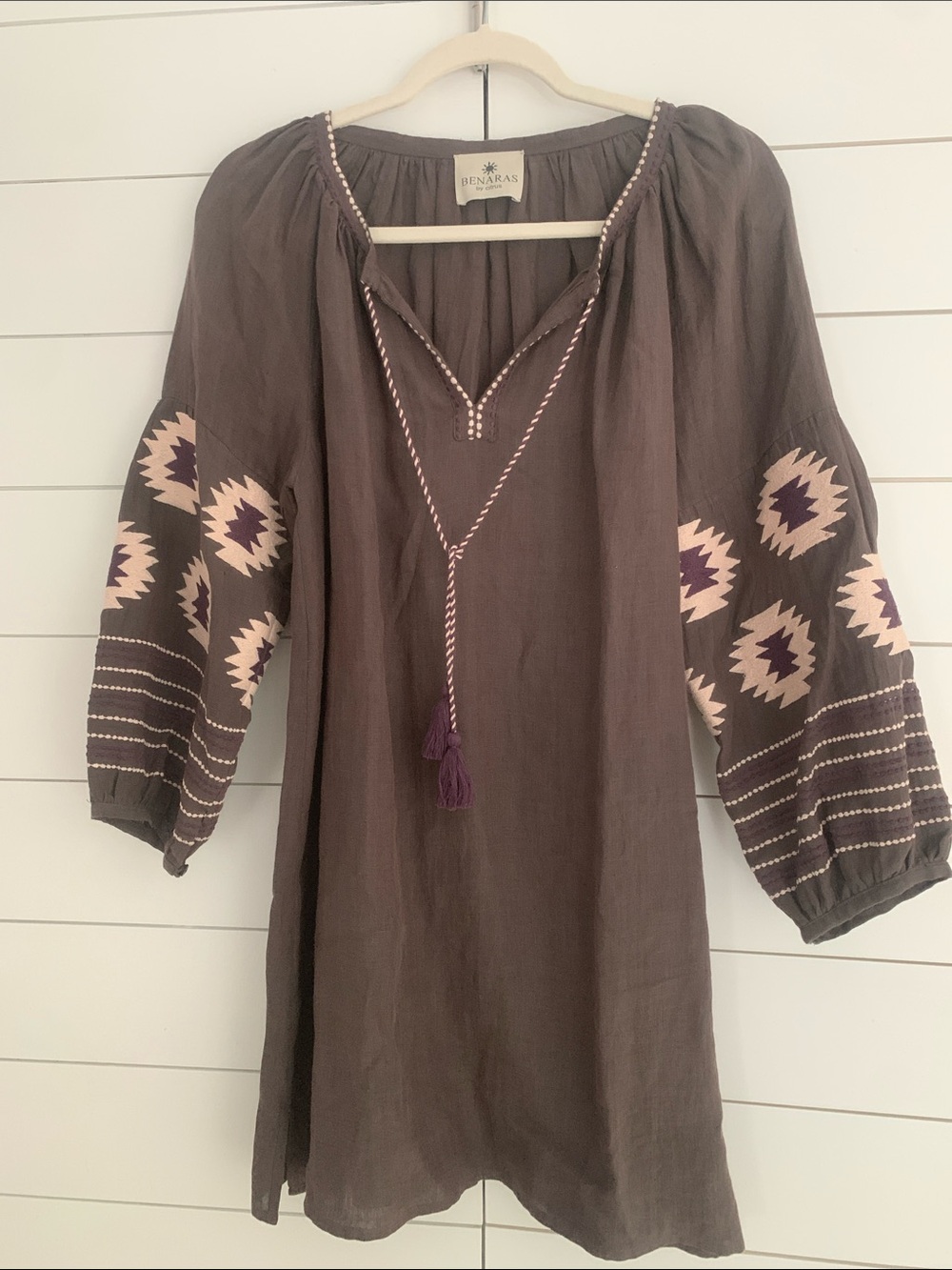 Benares  Embroidered Linen  Mini Dress Coverup in  Brown,Cream & Purple